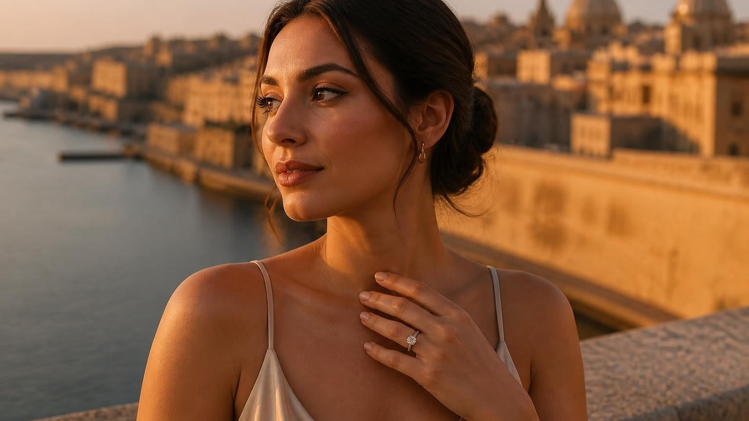 Best engagement rings in Malta — elegant woman with ring on finger, Valletta Grand Harbour bastions at golden hour