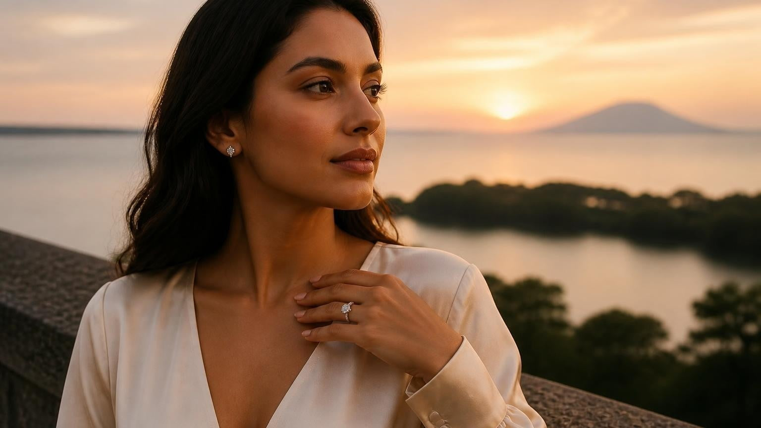 Best engagement rings in Managua — Satéur Destinée Ring with Lake Managua and volcano at sunset