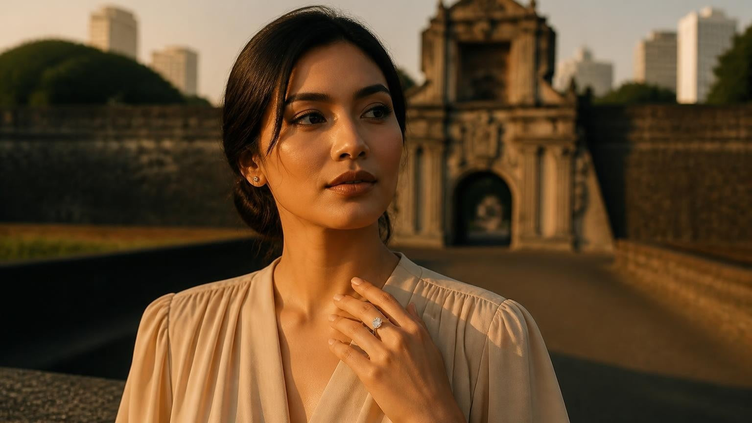 Best engagement rings in Manila — Satéur Destinée Ring at Fort Santiago, Intramuros, golden hour