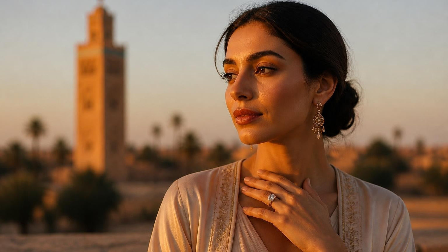 Best engagement rings in Marrakech — woman wearing the Satéur Destinée Ring with the Koutoubia Mosque minaret at golden hour