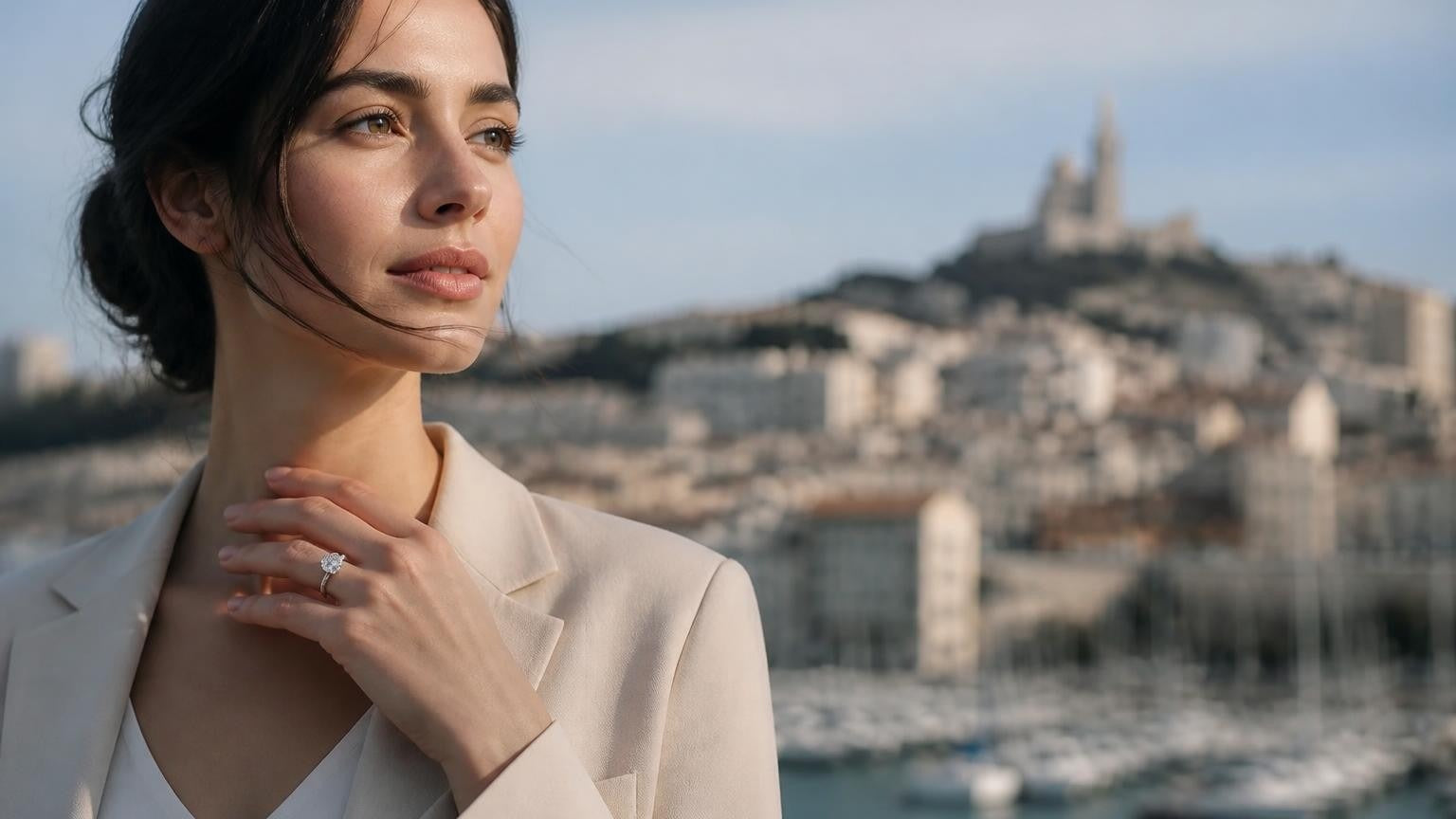 Best engagement rings in Marseille — Satéur Destinée Ring™ with Notre-Dame de la Garde in the background
