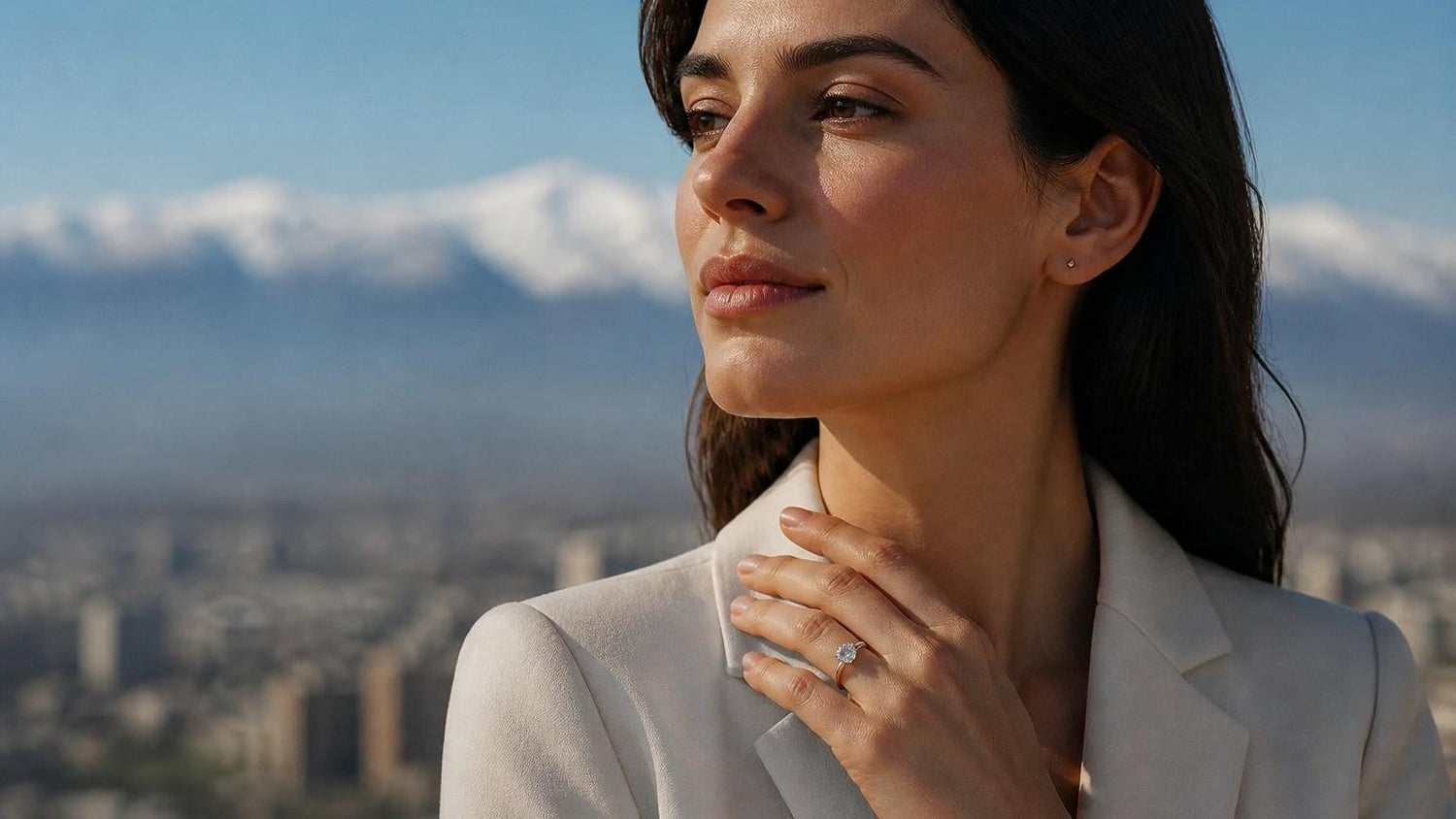 Best engagement rings in Mendoza — elegant Argentine woman with Satéur Destinée Ring, Andes mountains behind