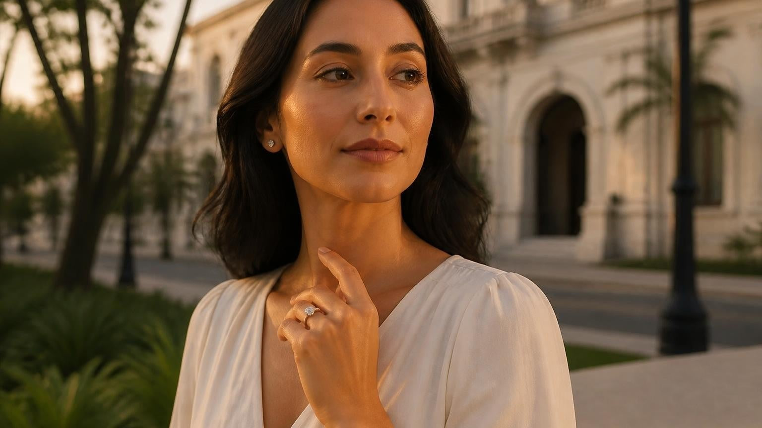 Best engagement ring in Mérida Mexico — Satéur Destinée Ring on Paseo de Montejo at golden hour