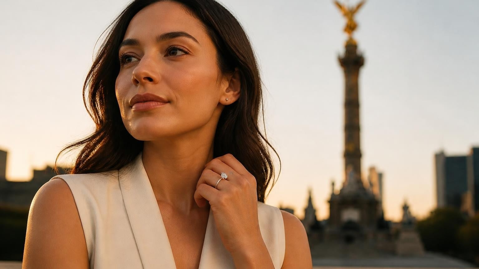 Best engagement rings in Mexico City — elegant woman with Satéur Destinée ring, Angel of Independence at golden hour