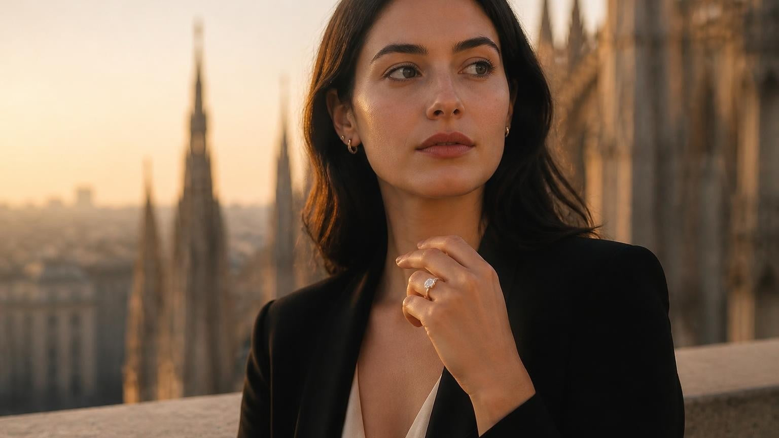 Best engagement rings in Milan — elegant Milanese woman with Satéur Destinée Ring, Duomo di Milano at golden hour