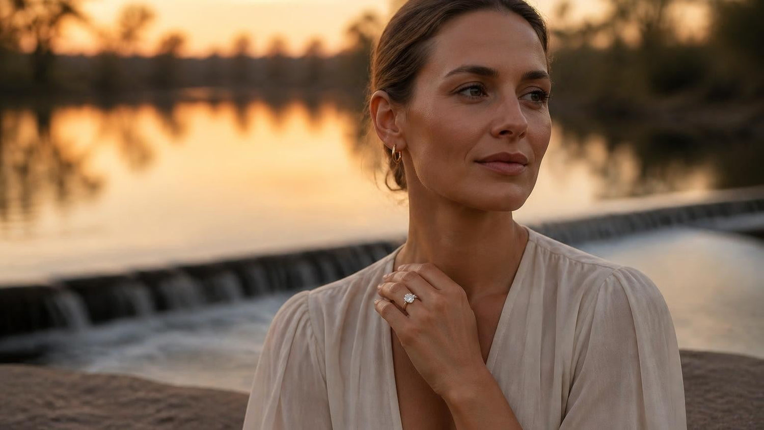 Best engagement rings in Mildura — Satéur Destinée Ring on the Murray River at sunset