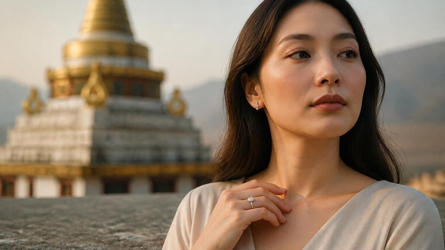 Best engagement rings in Mongolia — elegant Mongolian woman with Satéur Destinée Ring at Gandantegchinlen Monastery