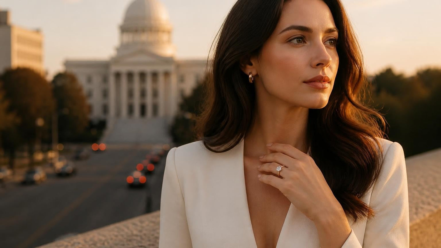 Best engagement rings in Montgomery, Alabama — elegant Southern woman with Satéur Destinée Ring, Alabama State Capitol