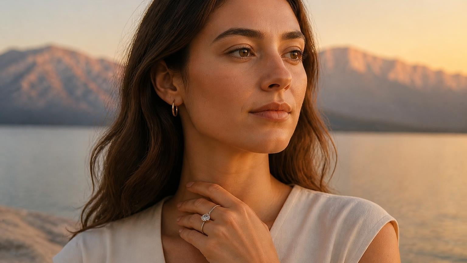 Best engagement rings in Moreno Valley — Satéur Destinée Ring™ at Lake Perris with San Jacinto Mountains at golden hour
