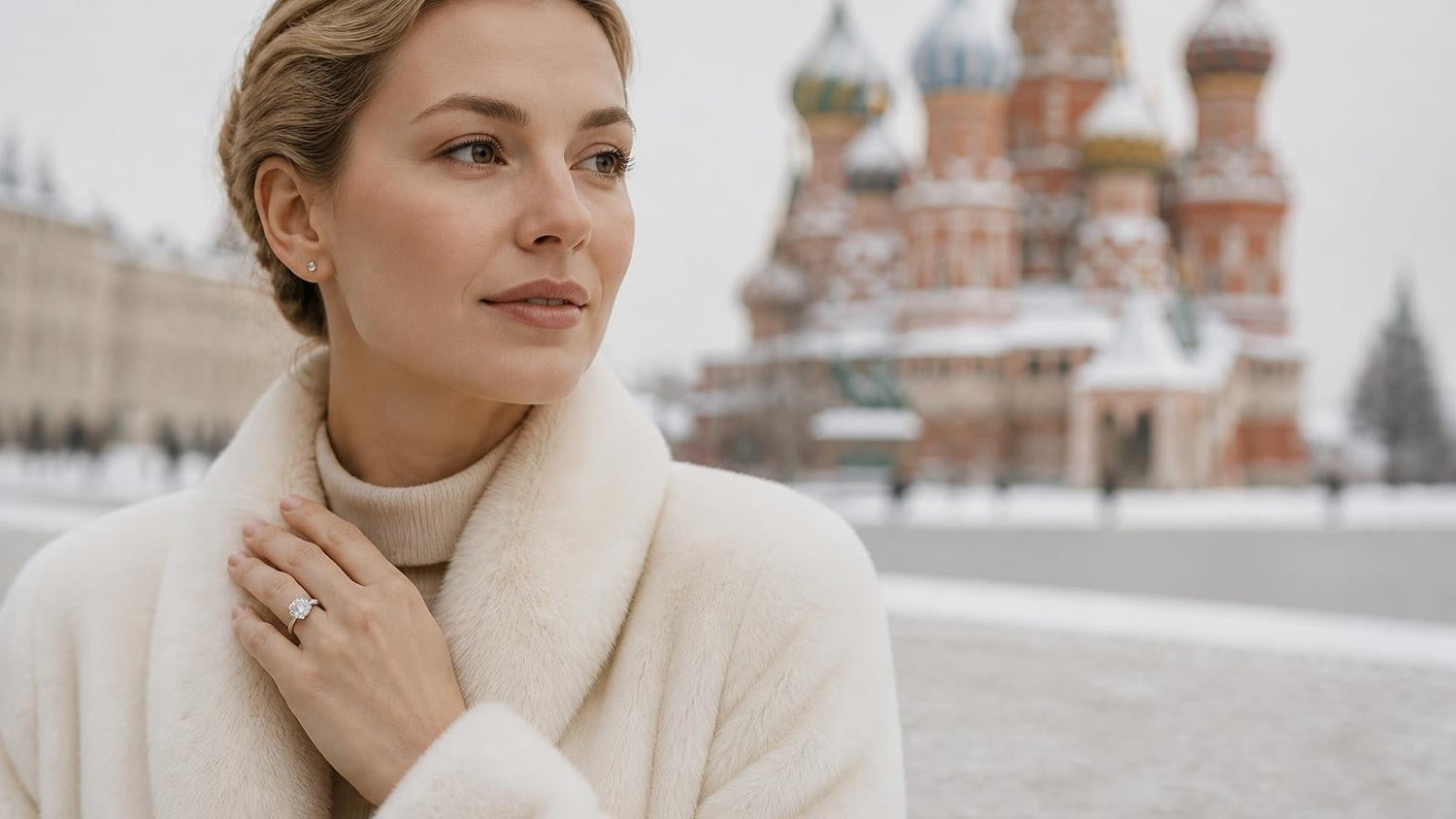 Best engagement rings in Moscow — elegant woman with Satéur Destinée Ring™, St Basil's Cathedral, Red Square