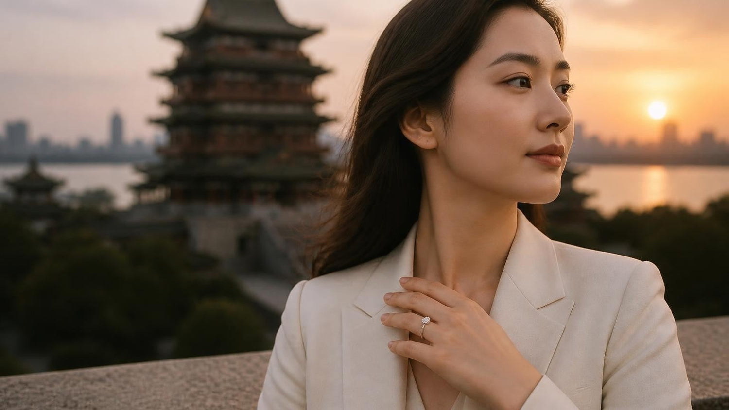 Best engagement rings in Nanchang — Satéur Destinée Ring with Tengwang Pavilion at sunset
