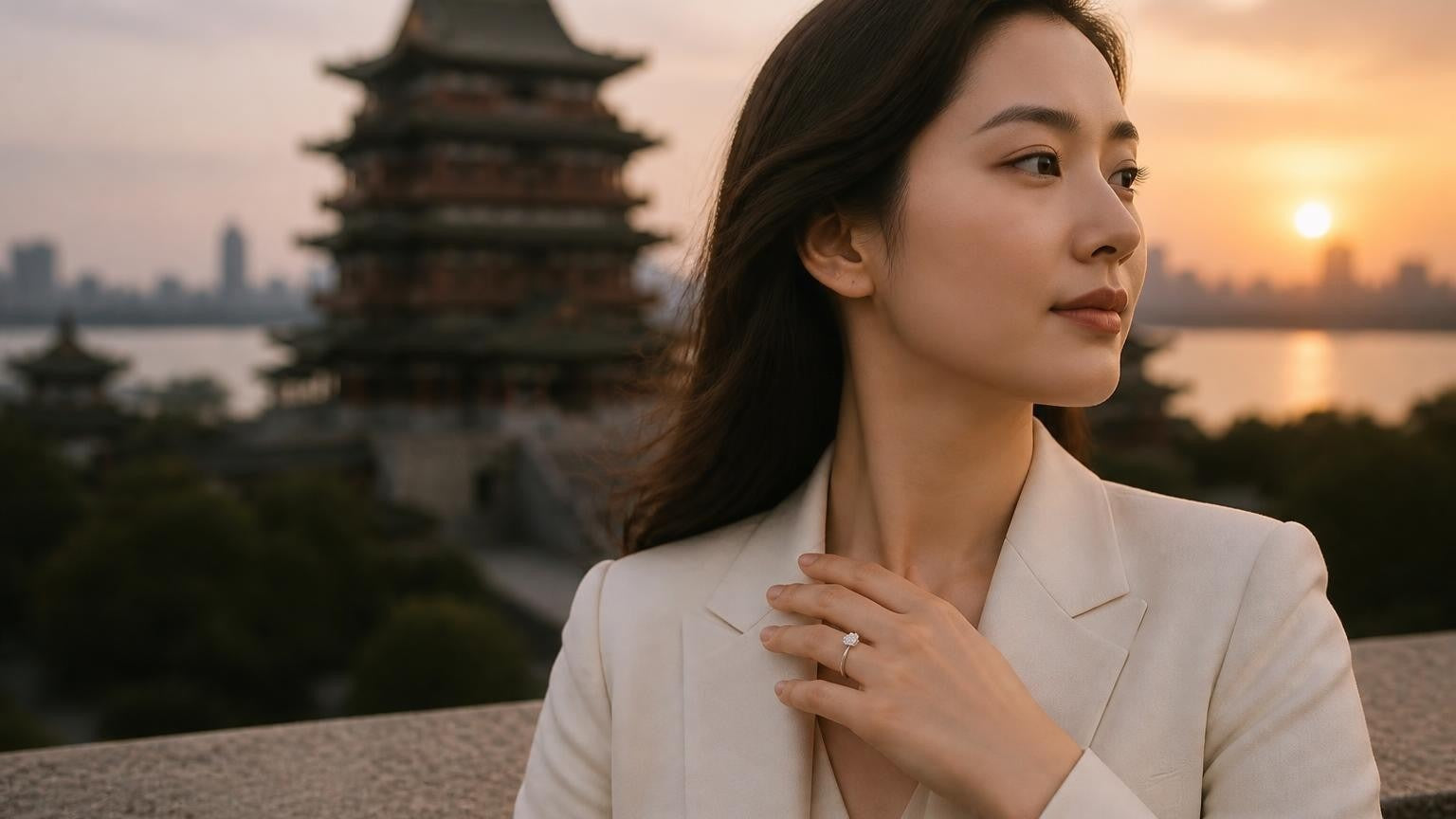 Best engagement rings in Nanchang — Satéur Destinée Ring with Tengwang Pavilion at sunset