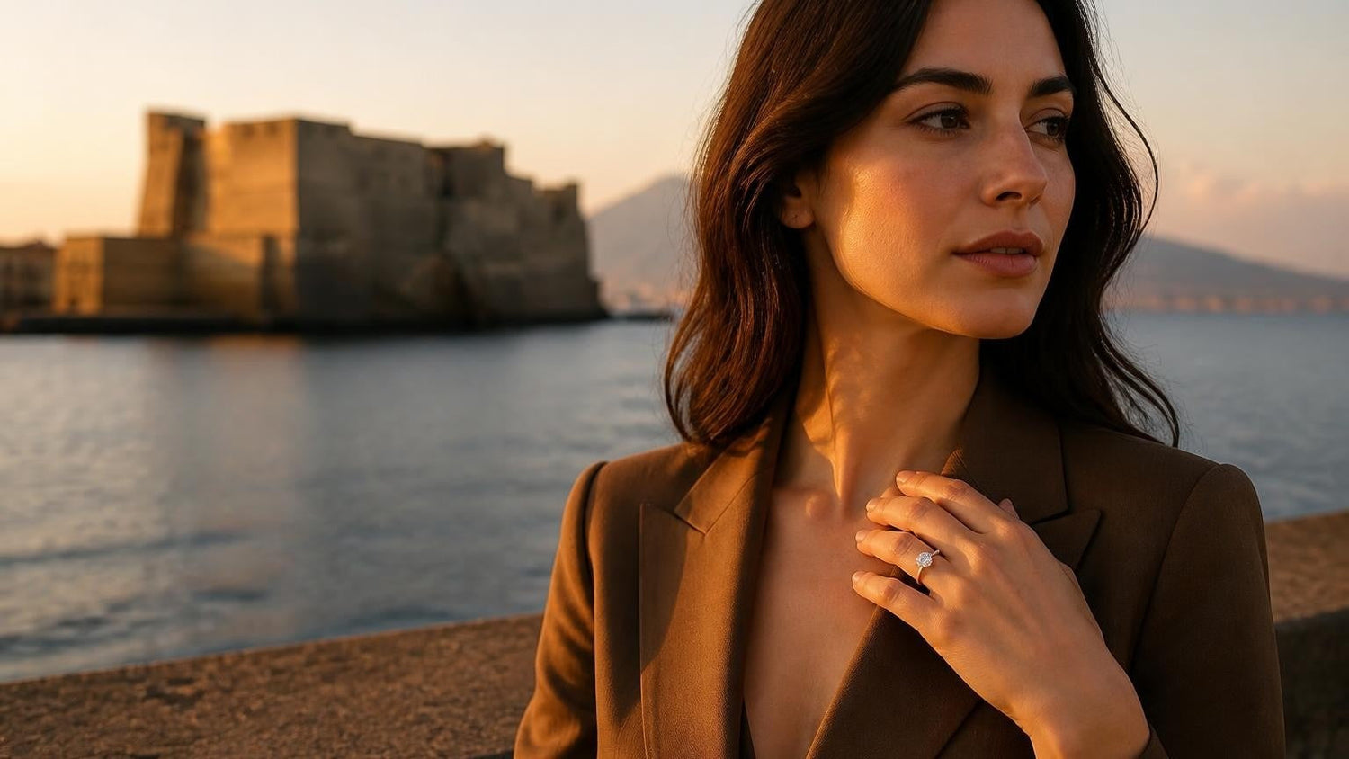 Best engagement rings in Naples — Satéur Destinée ring, Castel dell'Ovo and Vesuvius at golden hour