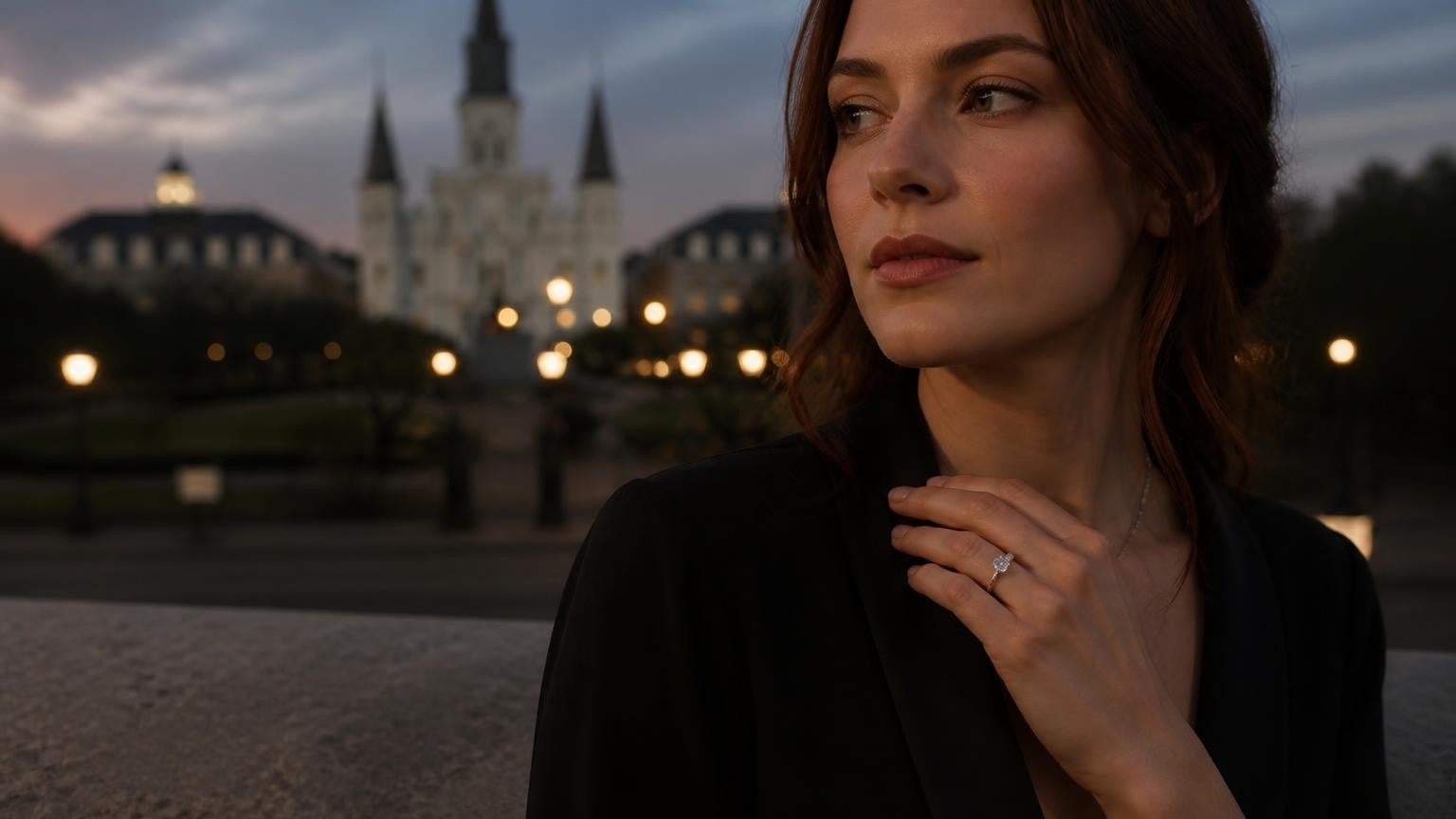 Best engagement rings in New Orleans — elegant woman with Satéur Destinée Ring, St. Louis Cathedral at twilight