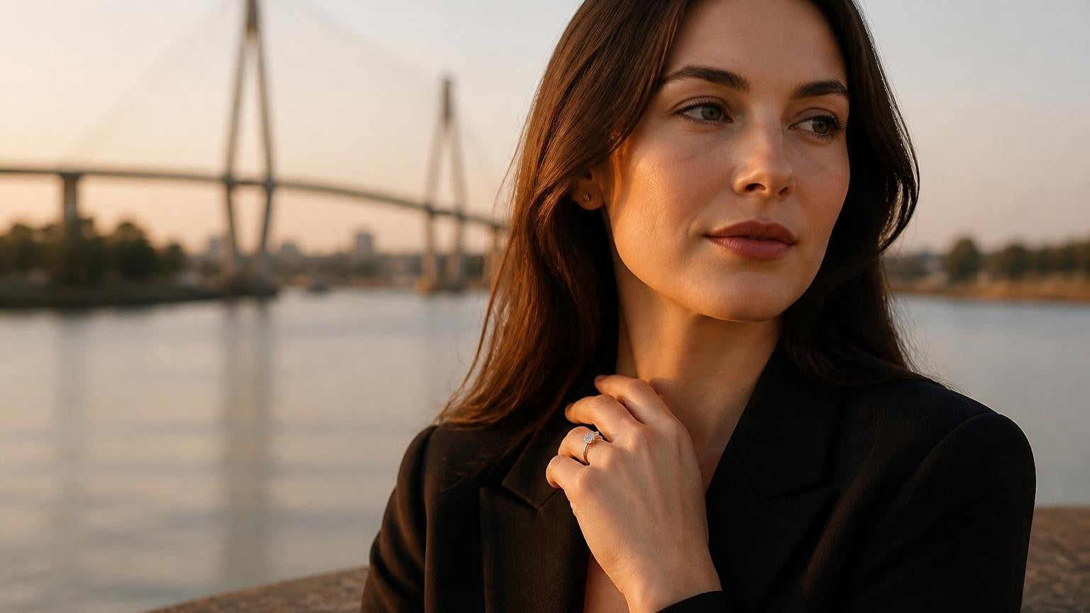 Best engagement rings in New Westminster — elegant ring on finger at the Fraser River waterfront
