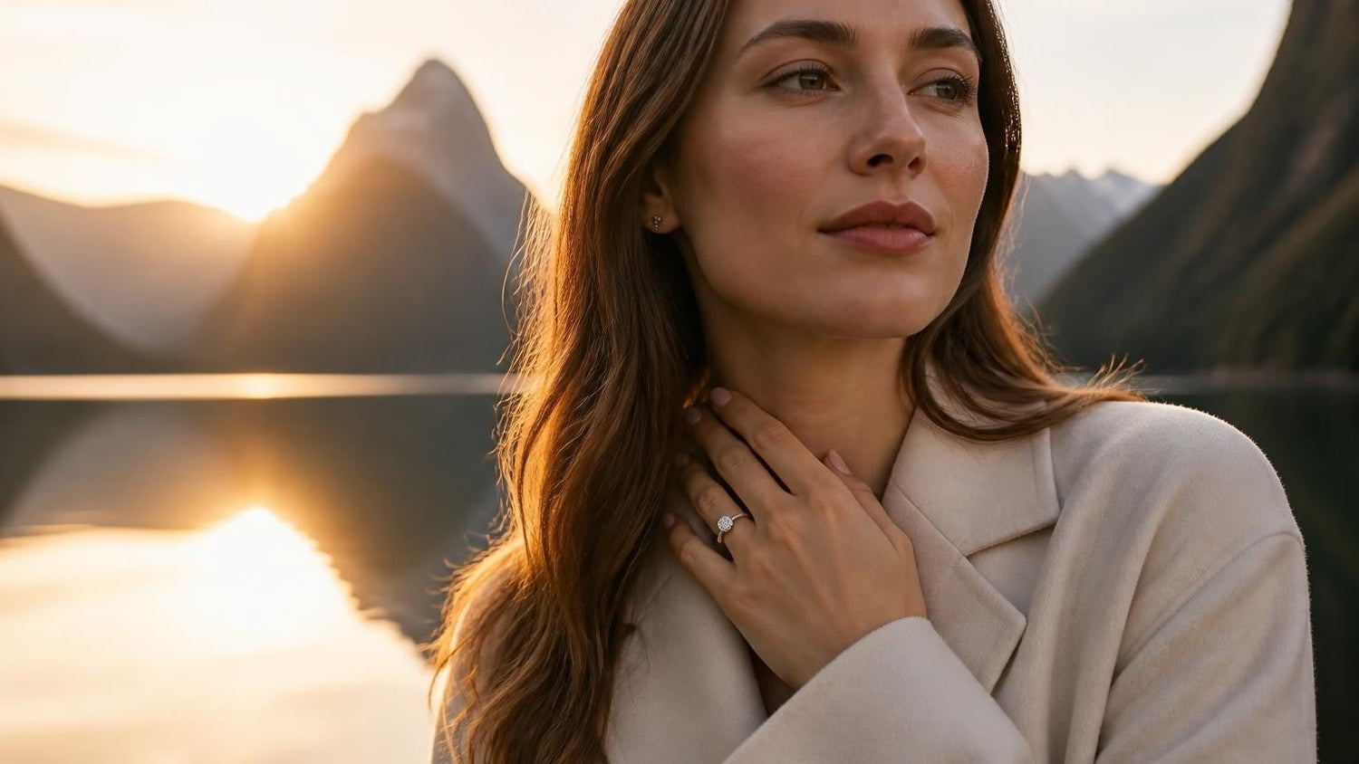 Best engagement rings in New Zealand — woman at Milford Sound fjord wearing Satéur Destinée Ring