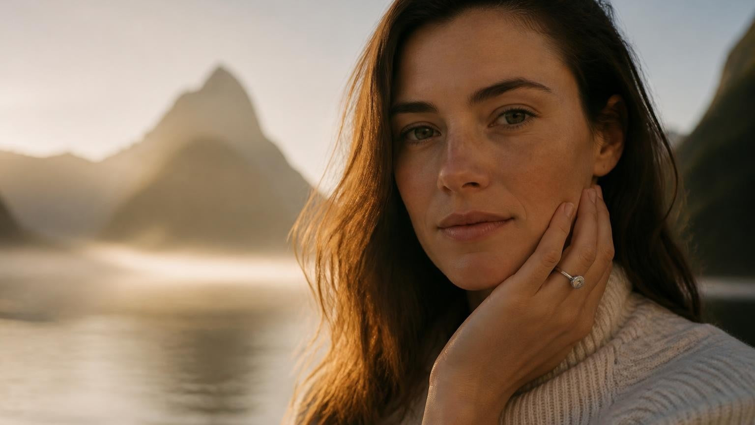Best engagement rings in New Zealand — woman at Milford Sound fjord wearing Satéur Destinée Ring