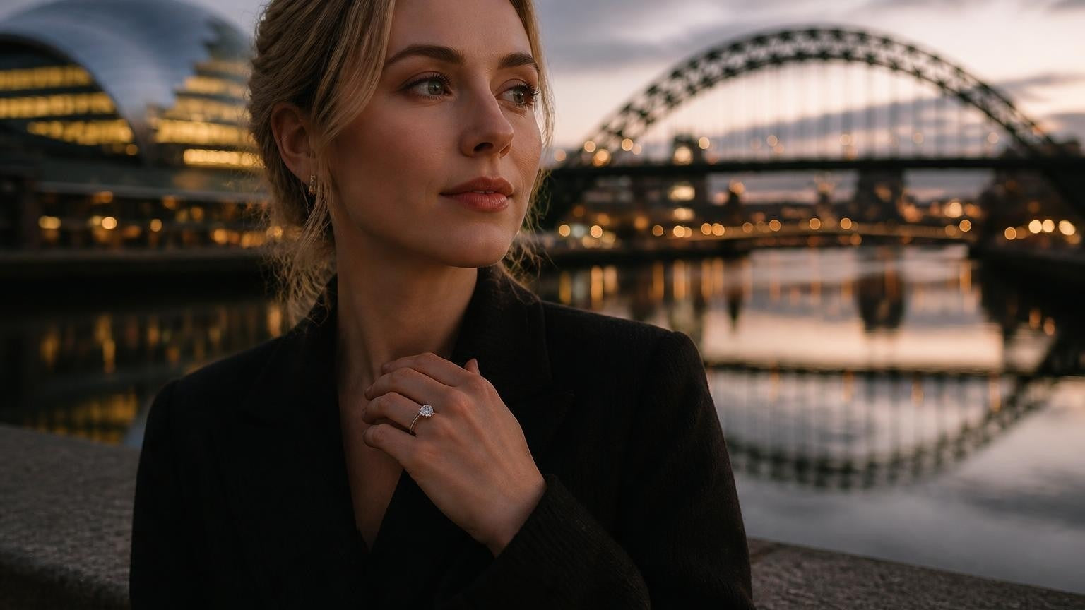 Best engagement rings in Newcastle upon Tyne — elegant woman with solitaire ring, Tyne Bridge and Sage Gateshead at dusk