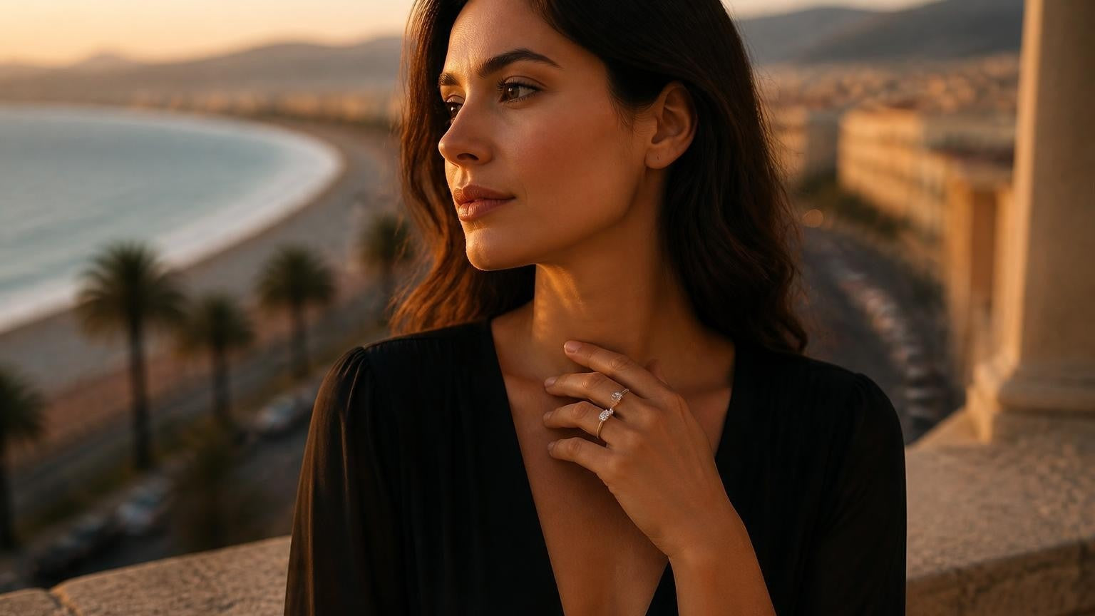 Best engagement rings in Nice — Satéur Destinée Ring with Promenade des Anglais at golden hour