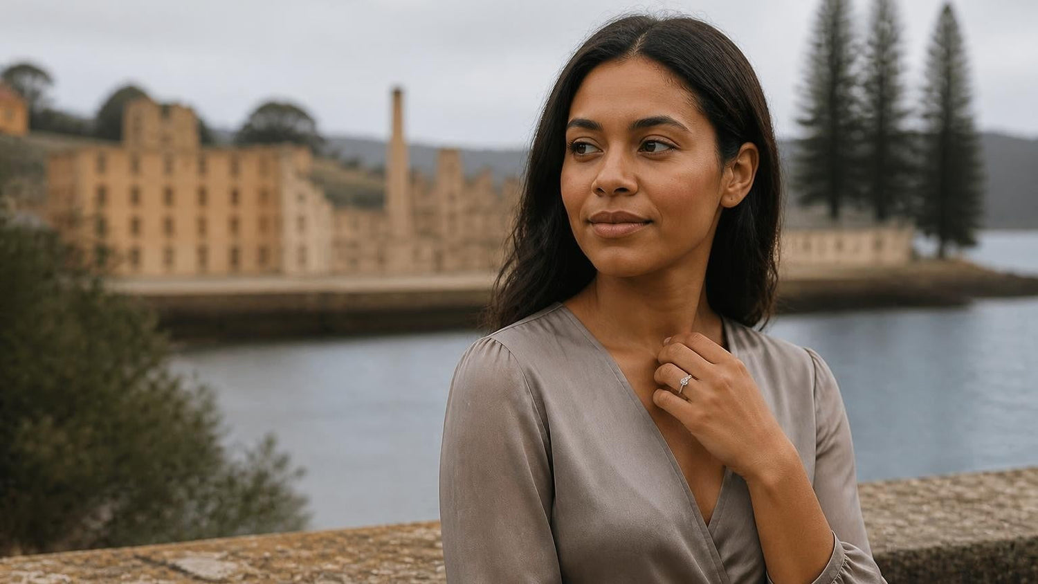 Best engagement rings in Norfolk Island — Satéur Destinée Ring™ with Kingston convict ruins and Norfolk pines