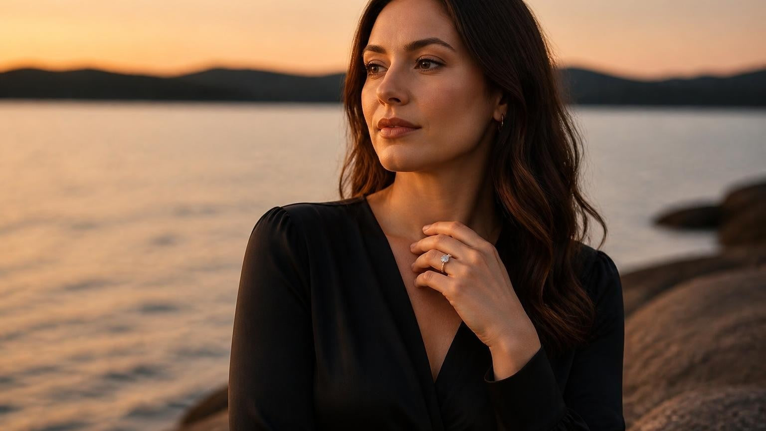 Best engagement rings in North Bay — Satéur Destinée Ring at Lake Nipissing golden hour