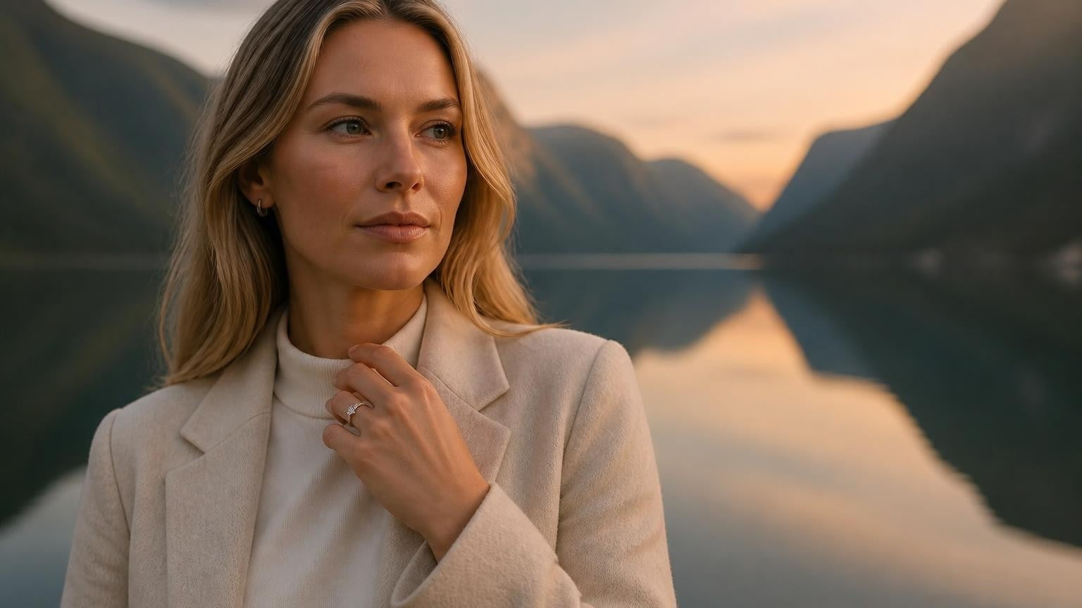 Best engagement rings in Norway — Norwegian woman at Preikestolen with Satéur Destinée Ring solitaire, Lysefjord backdrop