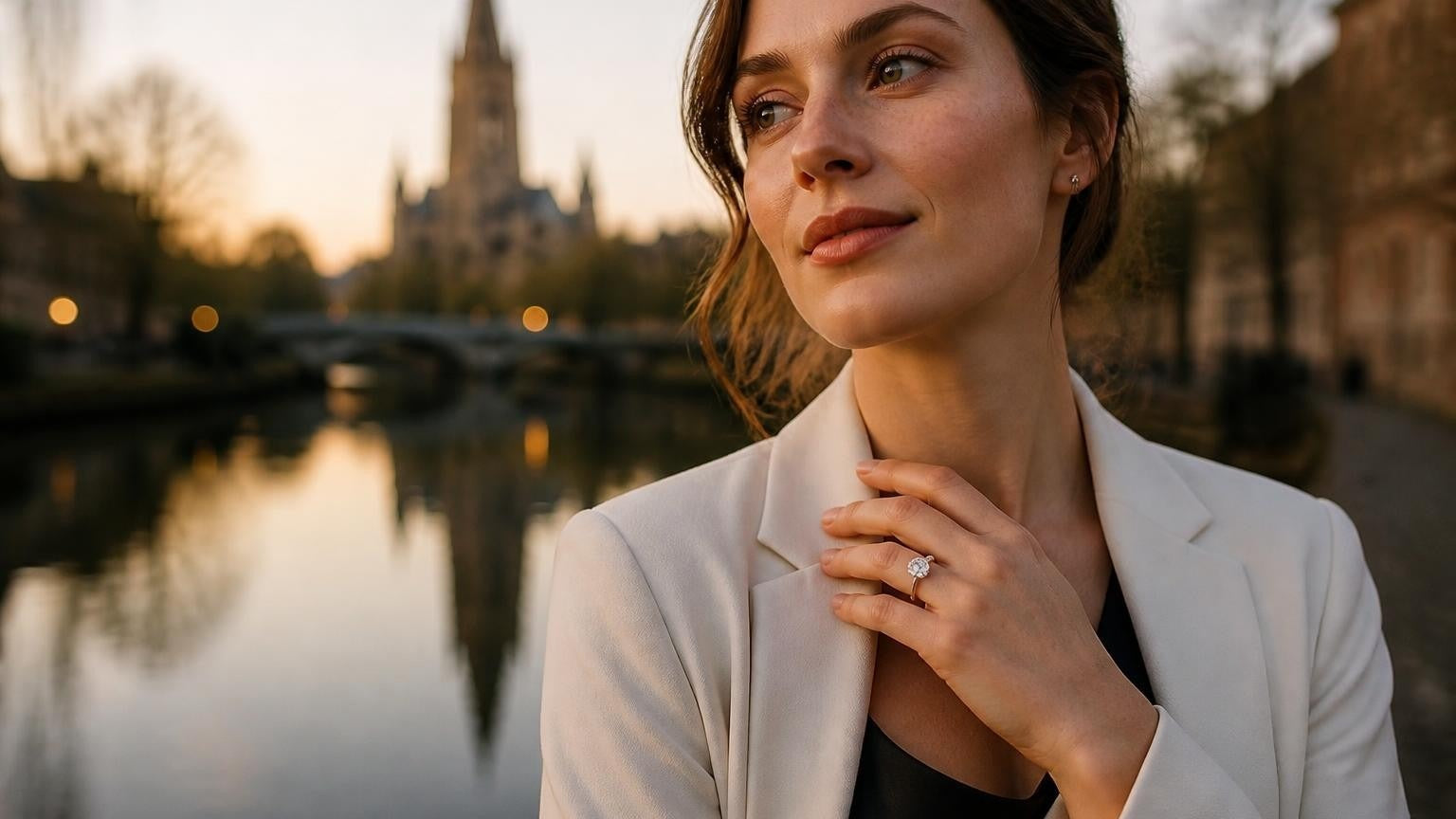Best engagement rings in Norwich — Satéur Destinée Ring by the River Wensum at dusk