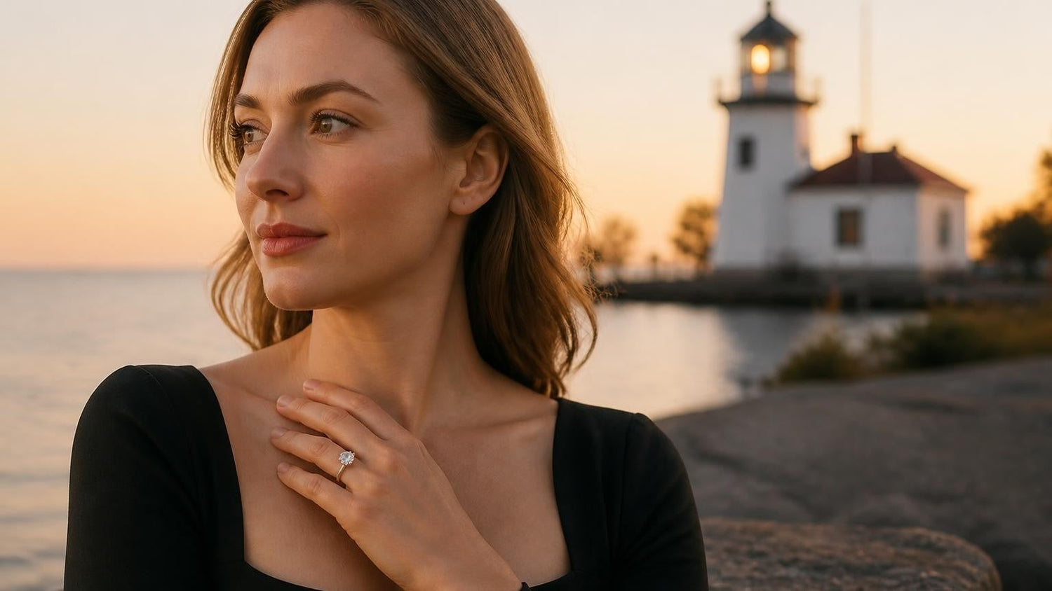 Best engagement rings in Oakville — Satéur Destinée Ring at Oakville Harbour lighthouse at golden hour
