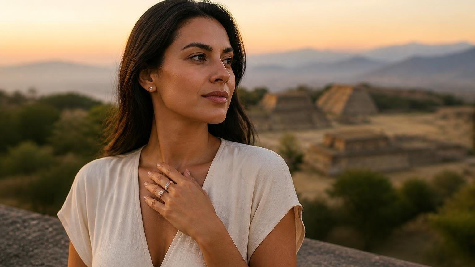 Engagement rings in Oaxaca — woman with Satéur Destinée Ring, Monte Albán pyramids at golden hour