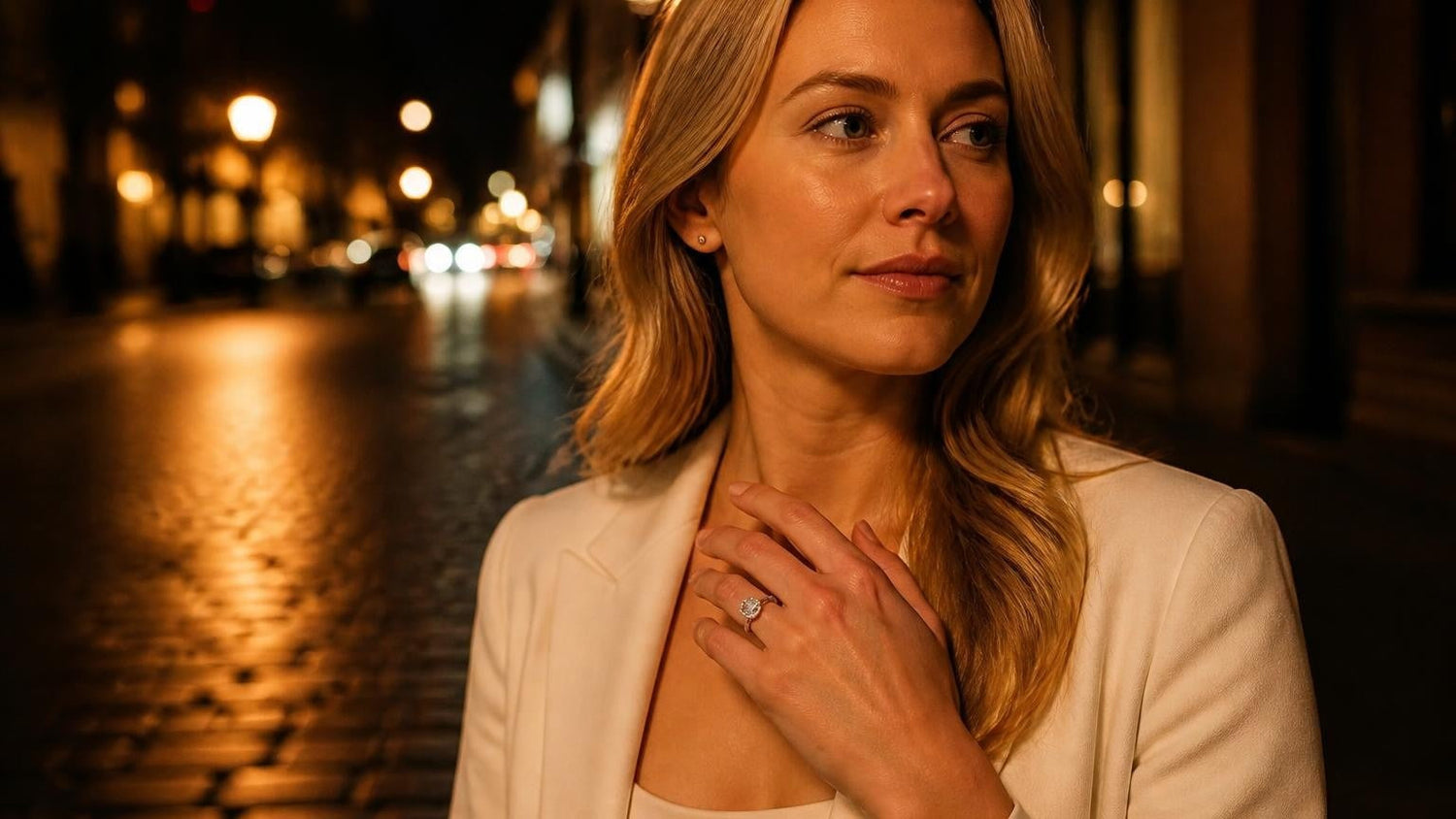 Best engagement rings in Omaha — Satéur Destinée Ring™ on the Old Market cobblestones