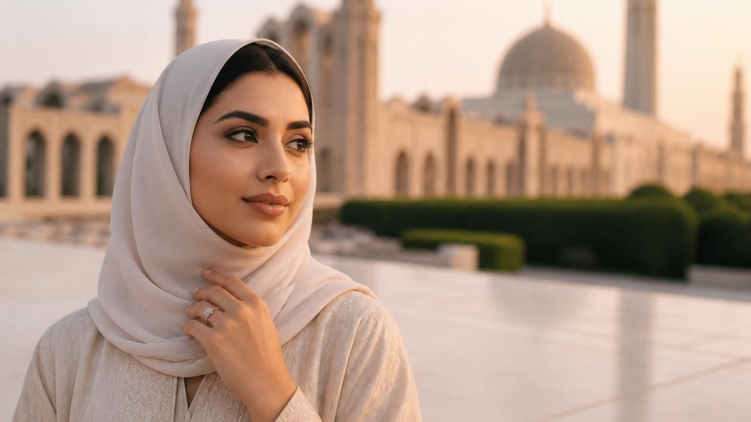 Best engagement rings in Oman — elegant Omani woman wearing the Satéur Destinée Ring™ with Sultan Qaboos Grand Mosque at dawn