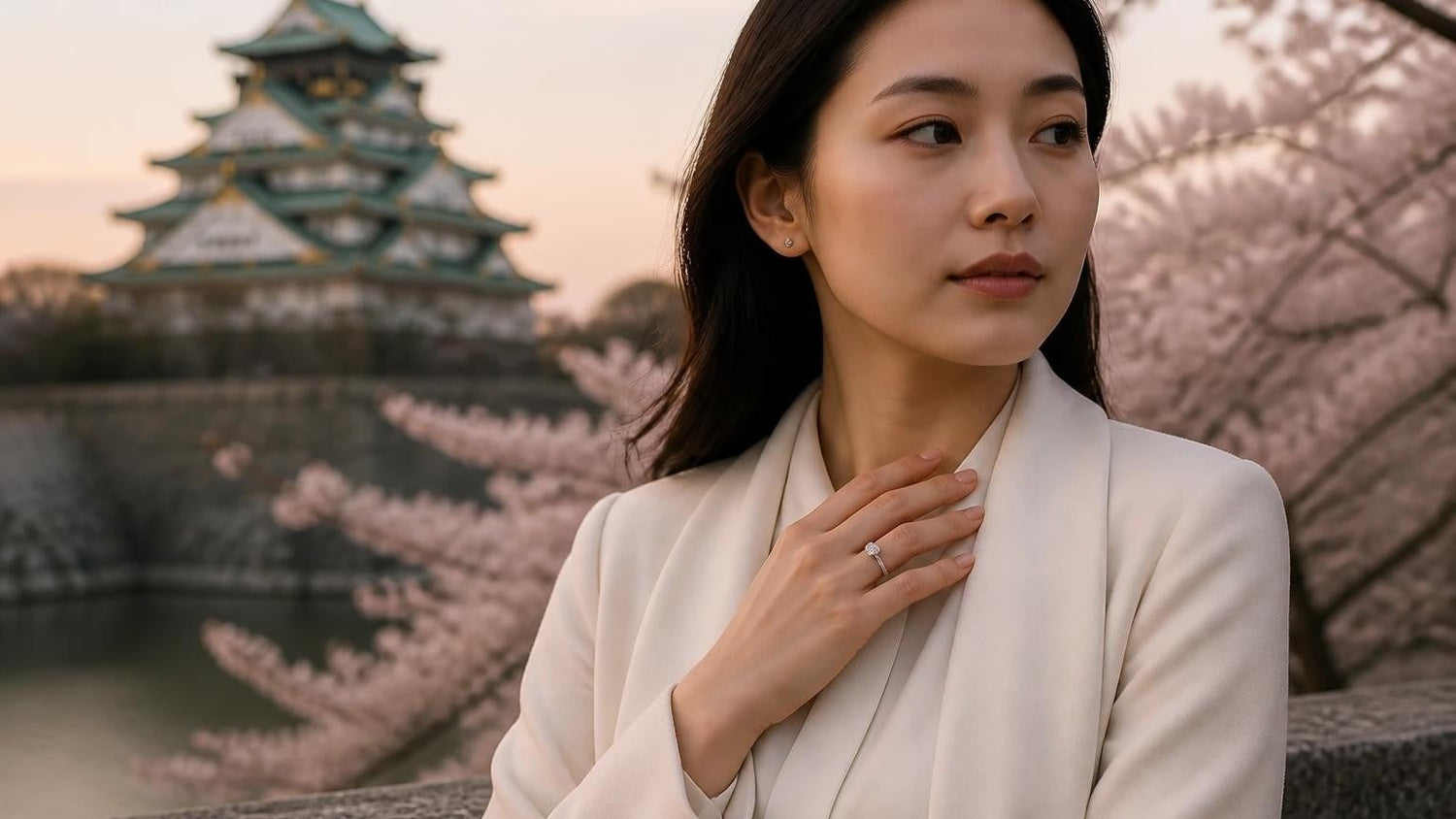 Best engagement rings in Osaka — elegant Japanese woman with the Satéur Destinée Ring, Osaka Castle and cherry blossoms at dawn