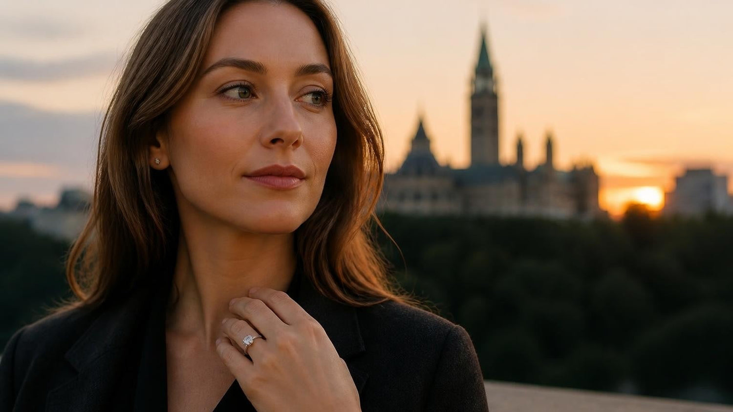 Best engagement rings in Ottawa — Satéur Destinée Ring with Parliament Hill at sunset