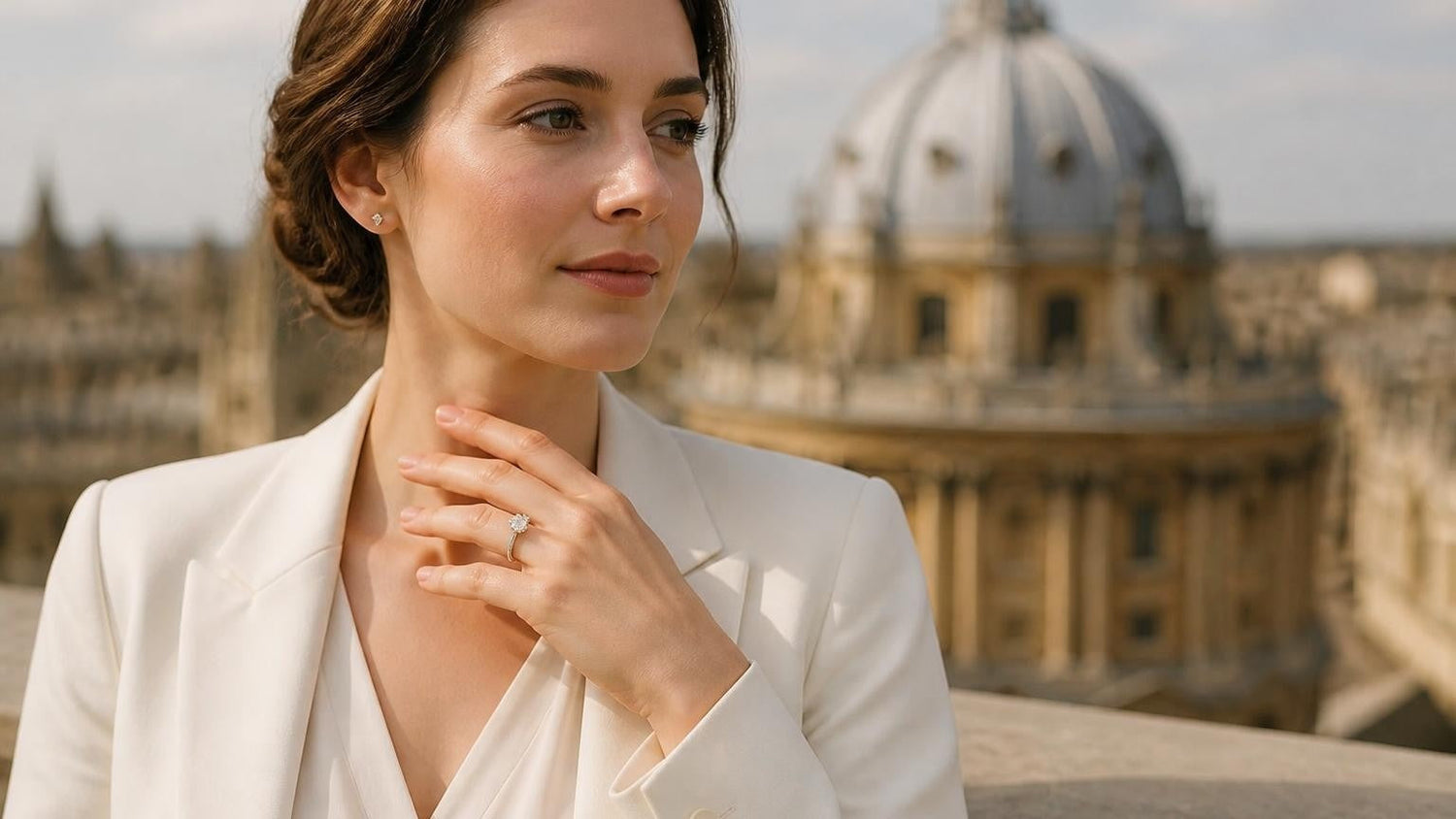Best engagement rings in Oxford — elegant Satéur Destinée Ring™ with Radcliffe Camera backdrop