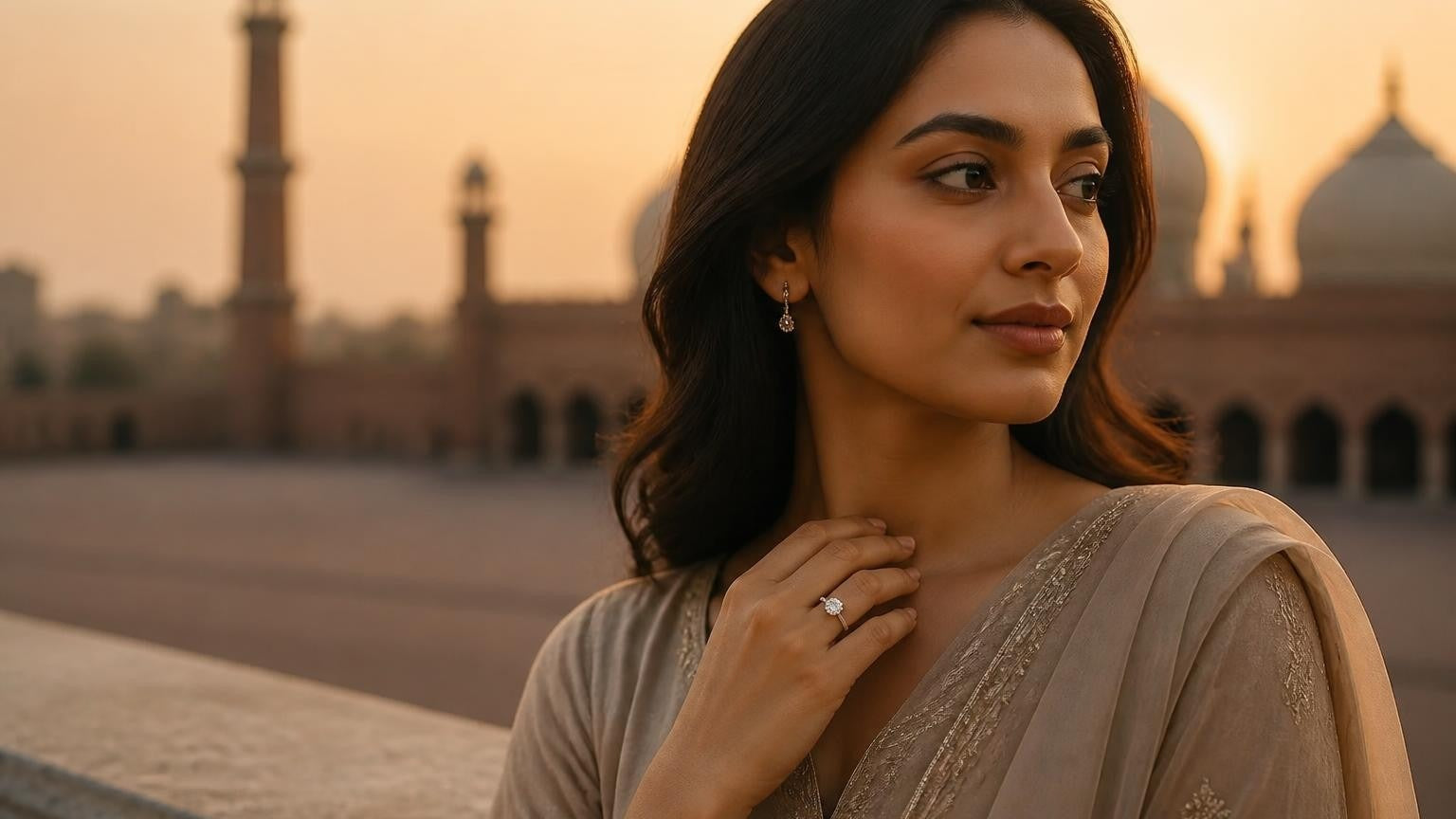 Best engagement rings in Pakistan — elegant Pakistani woman with Satéur Destinée solitaire ring, Badshahi Mosque Lahore golden hour