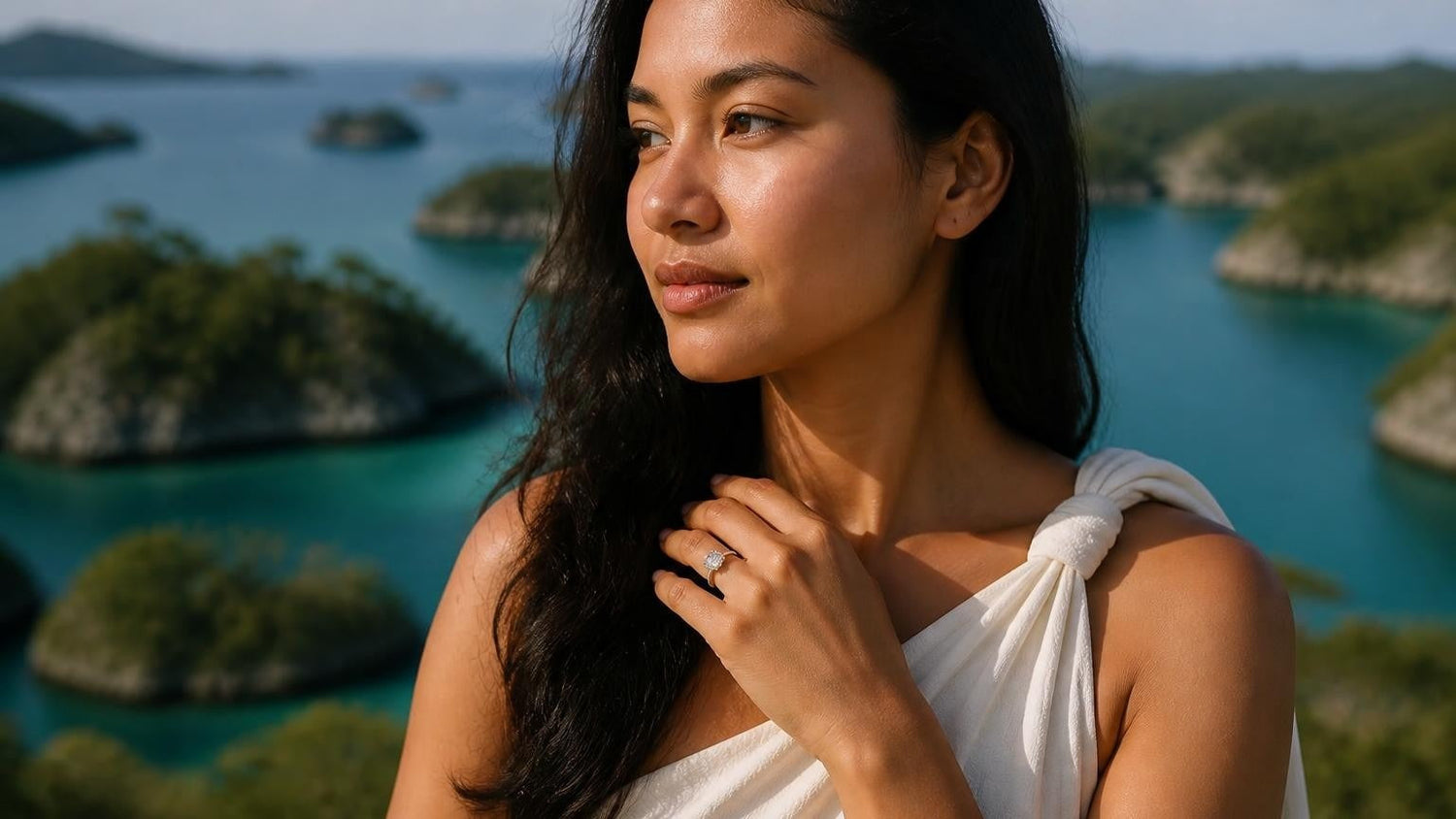 Elegant Palauan woman wearing Satéur solitaire ring with Rock Islands Southern Lagoon turquoise water softly blurred behind