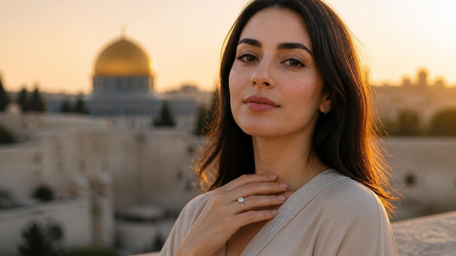 Best engagement rings in Palestine — Satéur Destinée Ring with the Dome of the Rock at golden hour