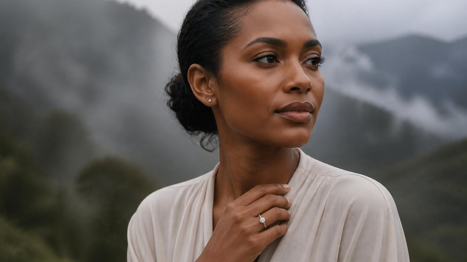 Best engagement rings in Papua New Guinea — elegant local woman with Satéur solitaire ring, Kokoda highland mist