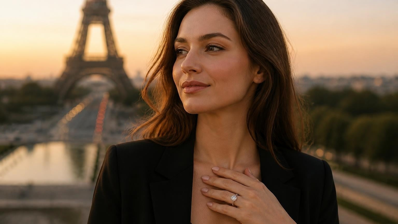 Best engagement rings in Paris — elegant Parisian woman with the Satéur Destinée Ring™ at the Eiffel Tower at golden hour