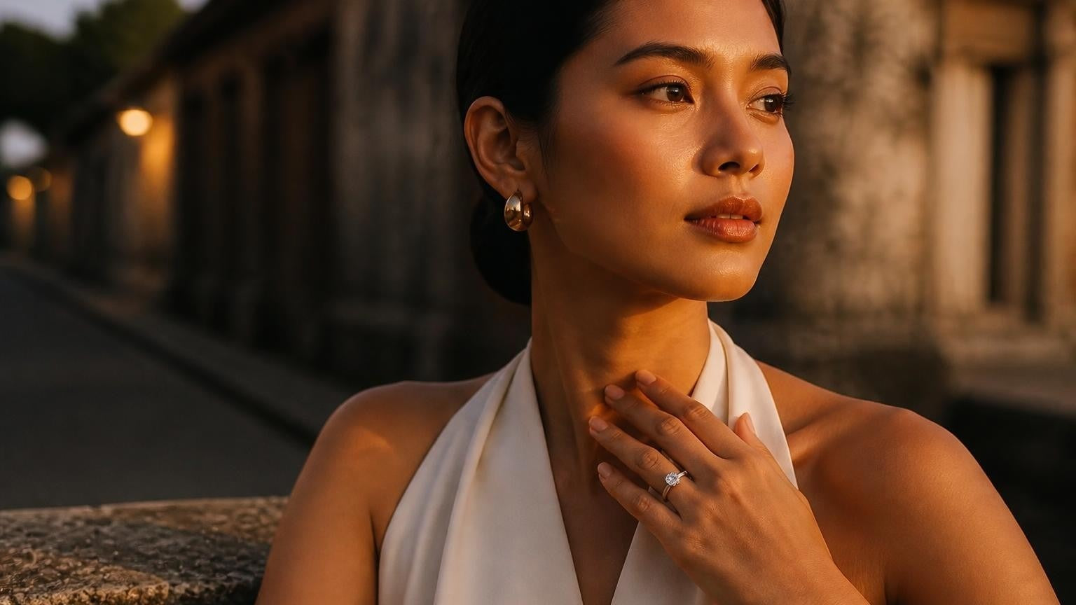 Elegant Filipina woman wearing a solitaire engagement ring at Intramuros, Manila — best engagement rings in Philippines