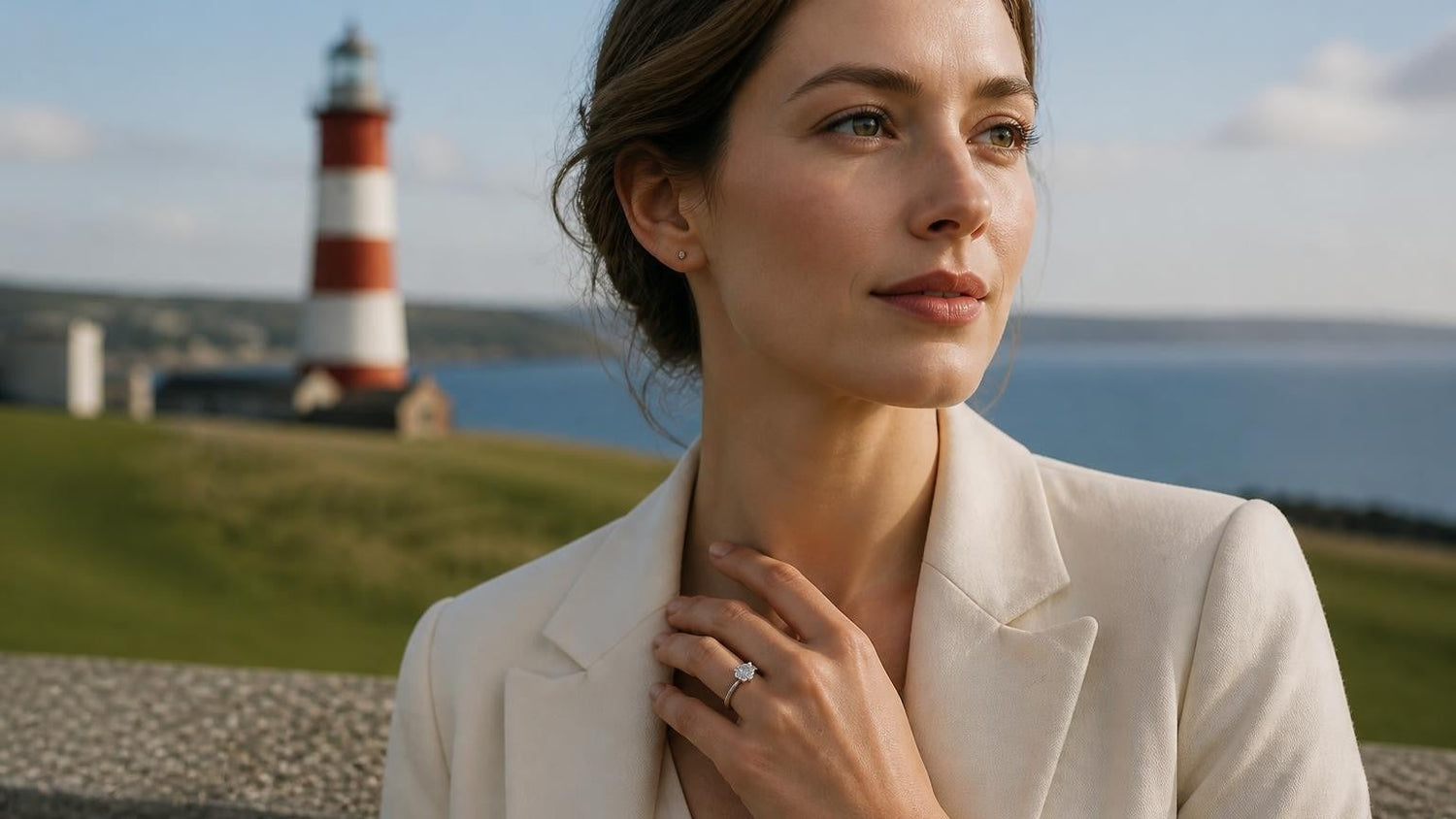 Best engagement rings in Plymouth — elegant English woman with Satéur Destinée Ring, Smeaton's Tower lighthouse on Plymouth Hoe
