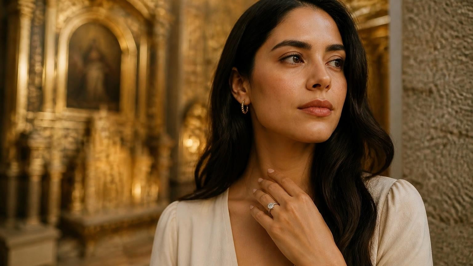 Best engagement rings in Puebla — Satéur Destinée Ring with Rosario Chapel baroque backdrop