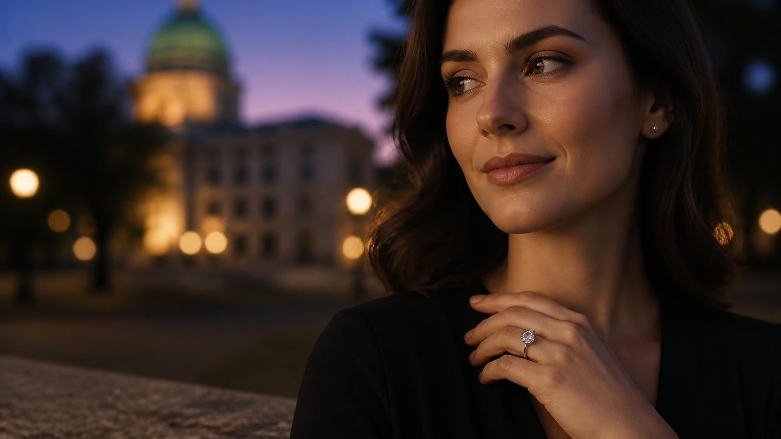 Best engagement rings in Raleigh — Satéur Destinée Ring with NC State Capitol at twilight