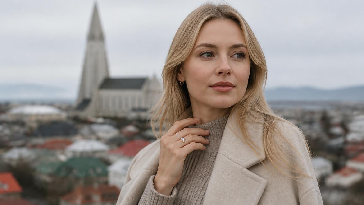 Best engagement rings in Reykjavik — Satéur Destinée Ring with Hallgrímskirkja backdrop