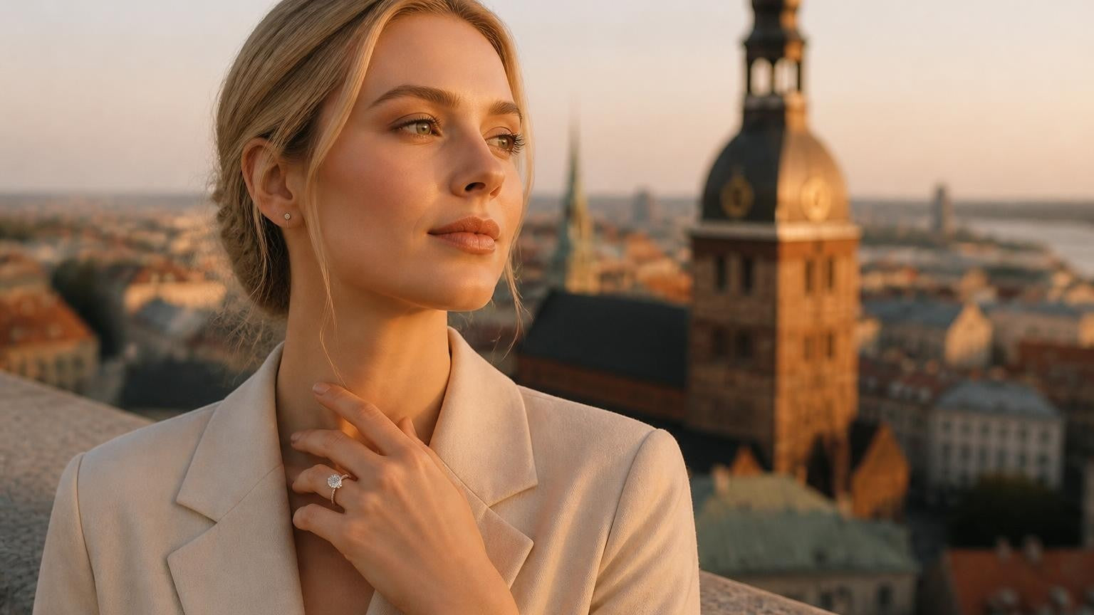 Best engagement rings in Riga — Satéur Destinée Ring with Riga Old Town Cathedral towers behind