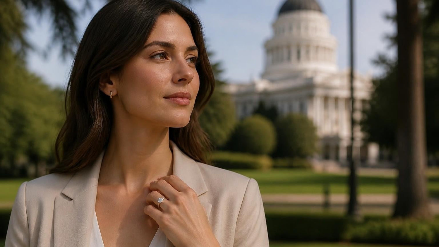 Best engagement rings in Sacramento — Satéur Destinée Ring with the California State Capitol