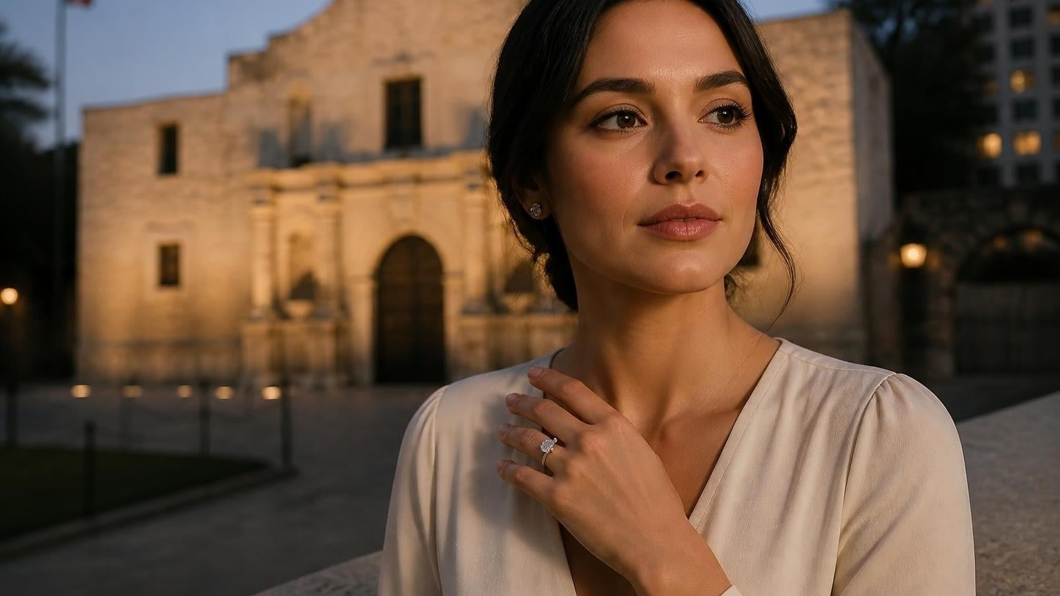 Best engagement rings in San Antonio — Satéur Destinée Ring with The Alamo at dusk