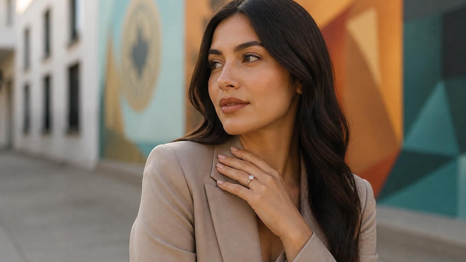 Best engagement rings in Santa Ana — Satéur Destinée Ring™ with downtown mural backdrop