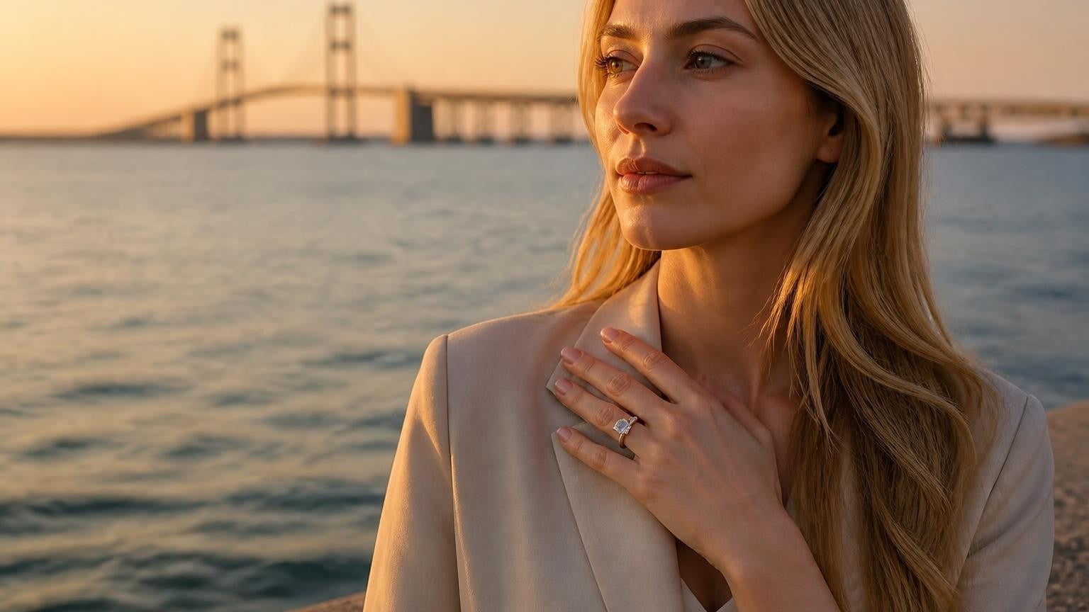 Best engagement rings in Sarnia — Satéur Destinée Ring at Lake Huron golden hour