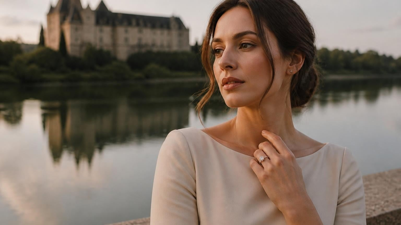 Best engagement rings in Saskatoon — woman with Satéur Destinée ring near Bessborough Hotel